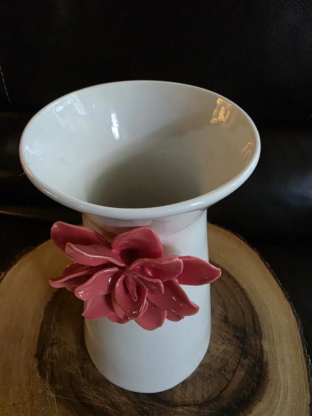 Vintage Shabby Chic White Ceramic Vase with 3D Pink Flower Accent